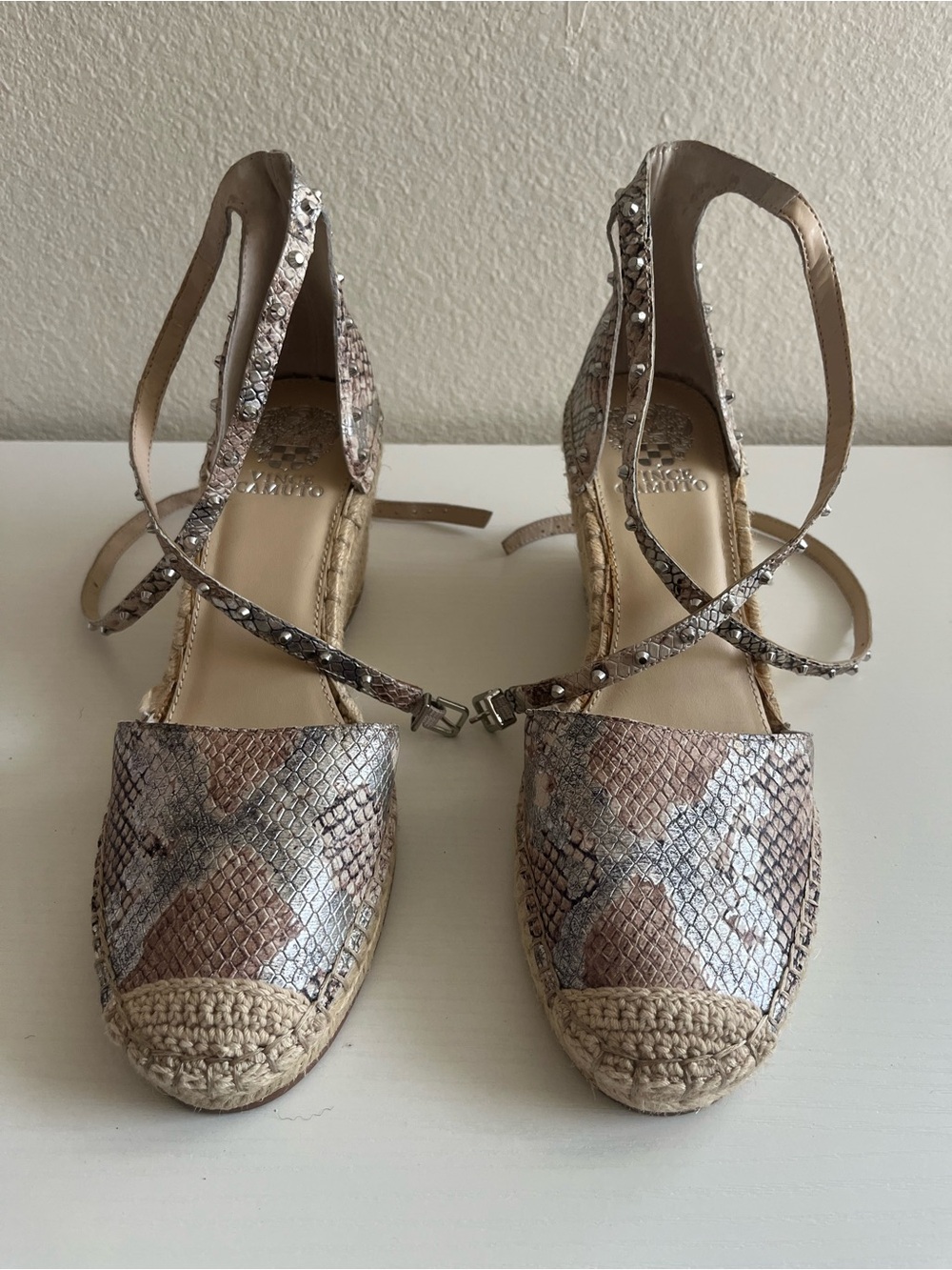 Vince Camuto Metallic Snake-Print Espadrille Wedges with Ankle Wraps 10M
